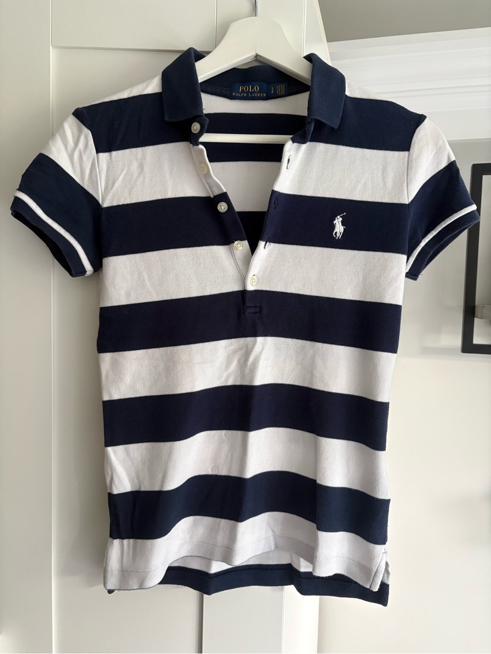 Polo by Ralph Lauren Navy & White Striped Cotton Fitted Polo Top
